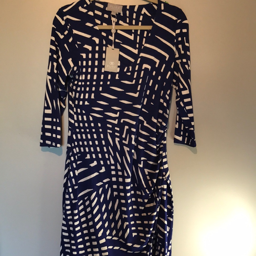 Pure Collection NWT Faux Wrap Dress with Ruching blue and white